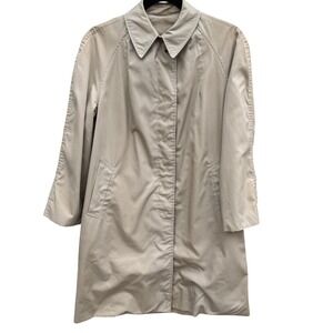 Vintage Khaki Trench Coat Mens Overcoat Hidden Button Striped Lining Mid Length